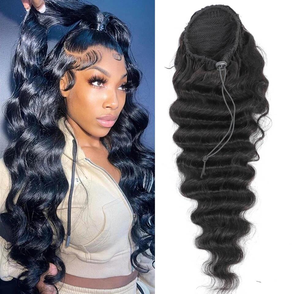 Stema Loose Deep Wave Drawstring Ponytail With Clips 100% Human Hair Extensions